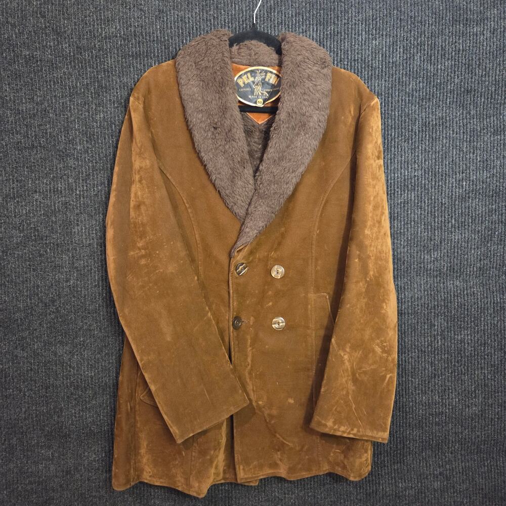 Vtg 70s Pel Fin Italy Suede Leather Coat Fur Collar Double Breasted Brown 50